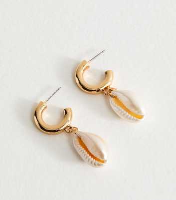 Gold Tone Shell Hoop Drop Earrings