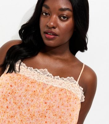 Curves Pink Floral Chiffon Lace Trim Cami Top | New Look