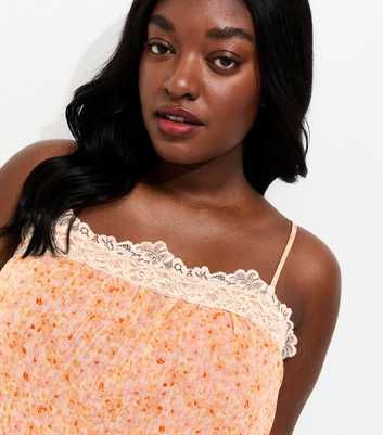 Curves Pink Floral Chiffon Lace Trim Cami Top