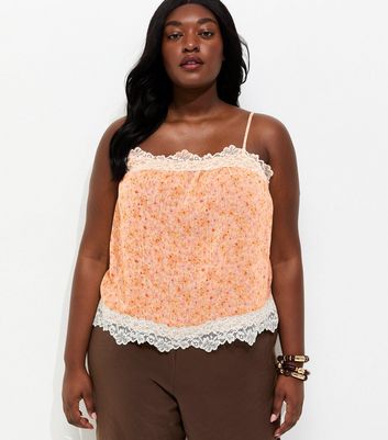Curves Pink Floral Chiffon Lace Trim Cami Top | New Look