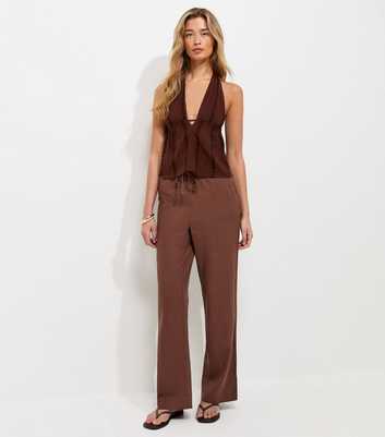 Tall Dark Brown Linen Rich Wide Leg Trousers