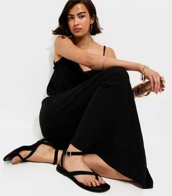 Premium Real Leather Black Crossover Strap Flat Sandals