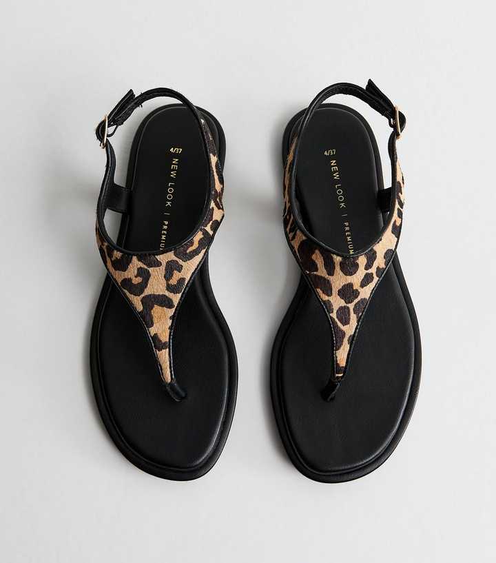 Premium Real Leather Stone Pony Hair Leopard Print Toe Post Sandals