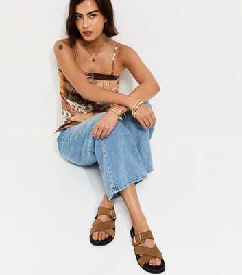 Premium Real Leather Tan Suede Cross Over Strap Flat Mule Sandals