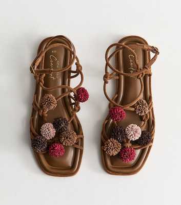 Tan Faux Suede Pom Pom Embellished Sandals