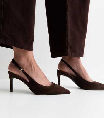 Premium Dark Brown Real Suede Slingback Pumps