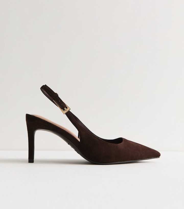 Premium Dark Brown Real Suede Slingback Pumps