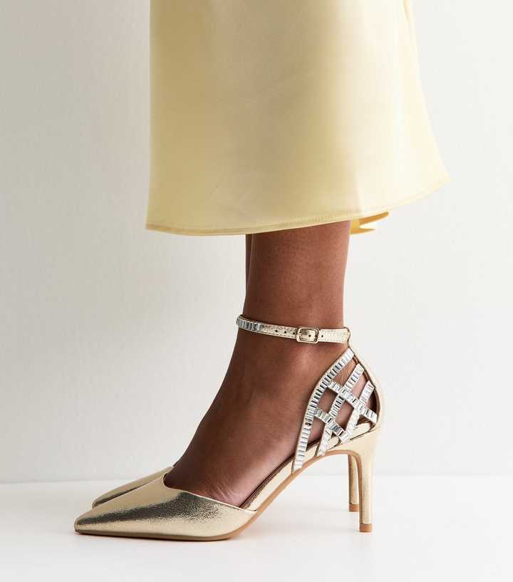 Gold Faux Leather Diamanté Cage Court Shoes