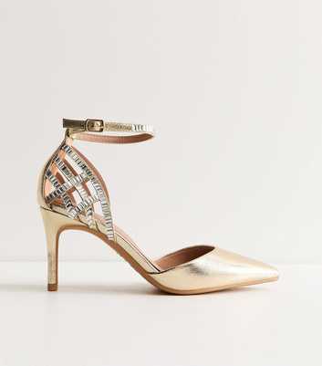 Gold Faux Leather Diamanté Cage Court Shoes