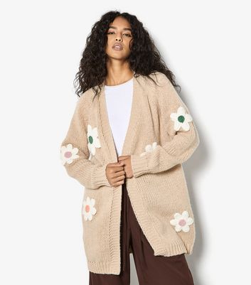 Apricot Stone 3D Daisy Embroidered Open Cardigan | New Look