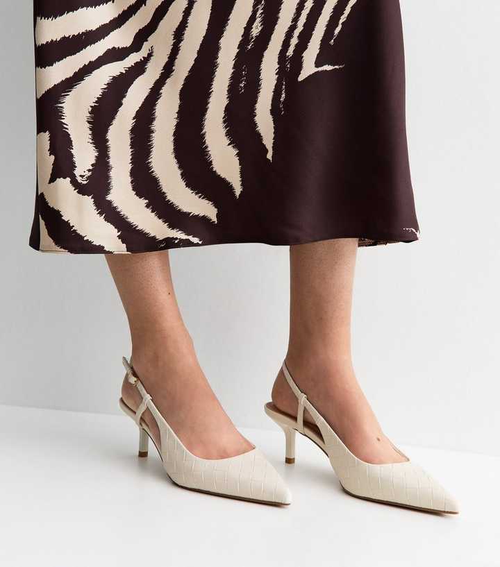 Off White Faux Leather Woven Slingback Court Shoes