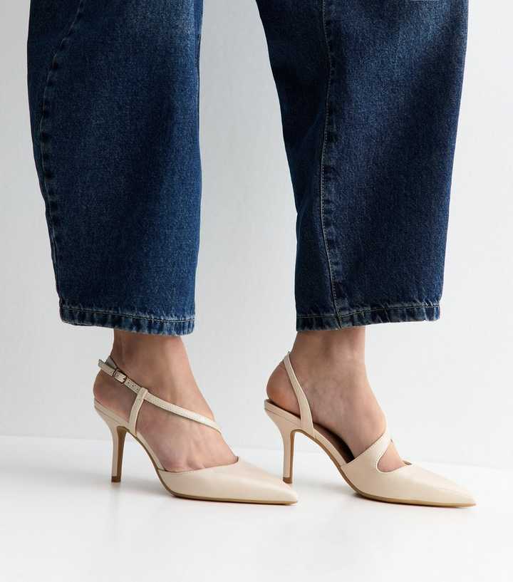 Off White Faux Leather Asymmetric Strap Slingback Court Shoes