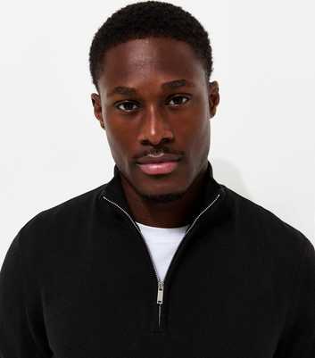 Black Slim Fit Quarter Zip Funnel Neck Knitted Jumper