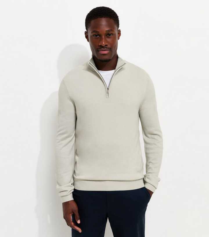 Grey Marl Slim Fit Quarter Zip Funnel Neck Knitted Jumper