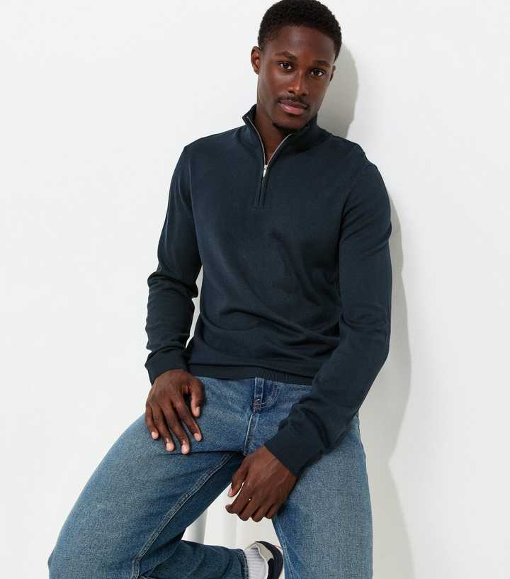 Navy Slim Fit Quarter Zip Funnel Neck Knitted Jumper