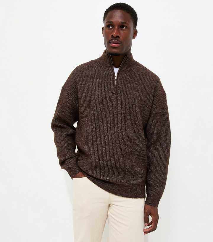 Dark Brown Regular Fit Ribbed Knit Quarter Zip Funnel Neck Jumper