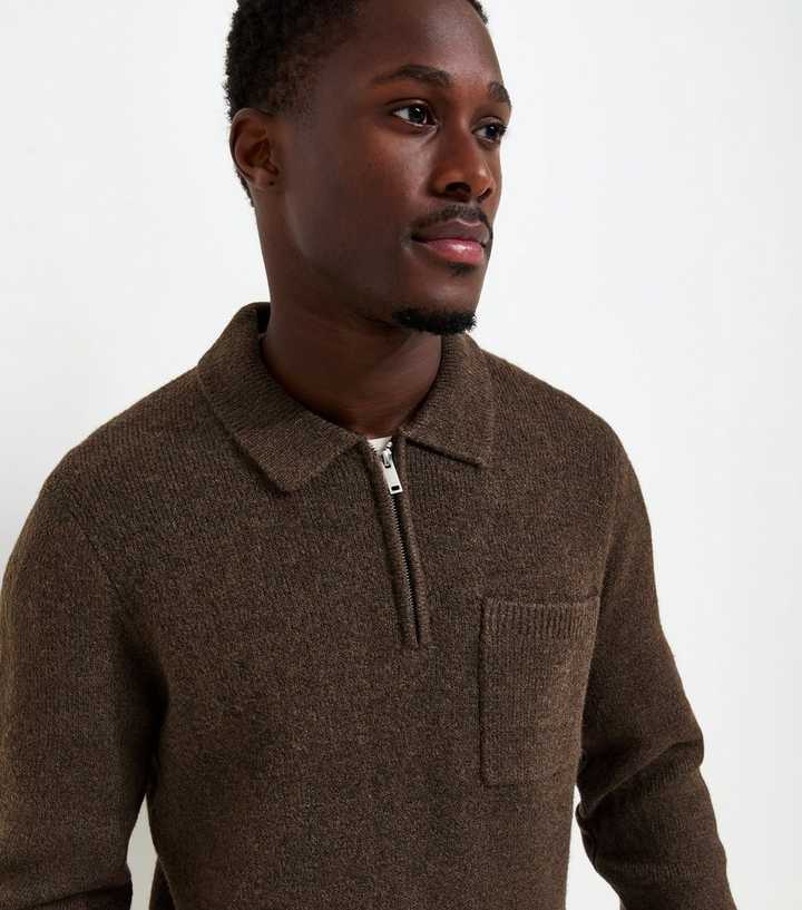 Dark Brown Regular Fit Brushed Knit Zip Polo Shirt