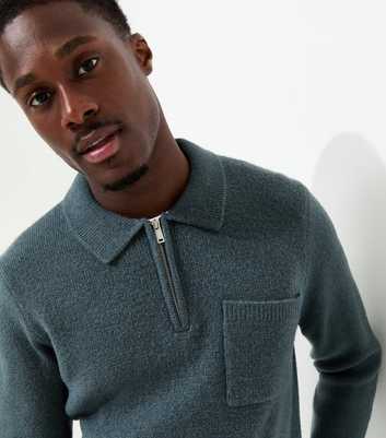 Blue Regular Fit Brushed Knit Zip Polo Shirt