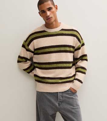 Green Relaxed Fit Striped Crew Neck Jumper with Wool