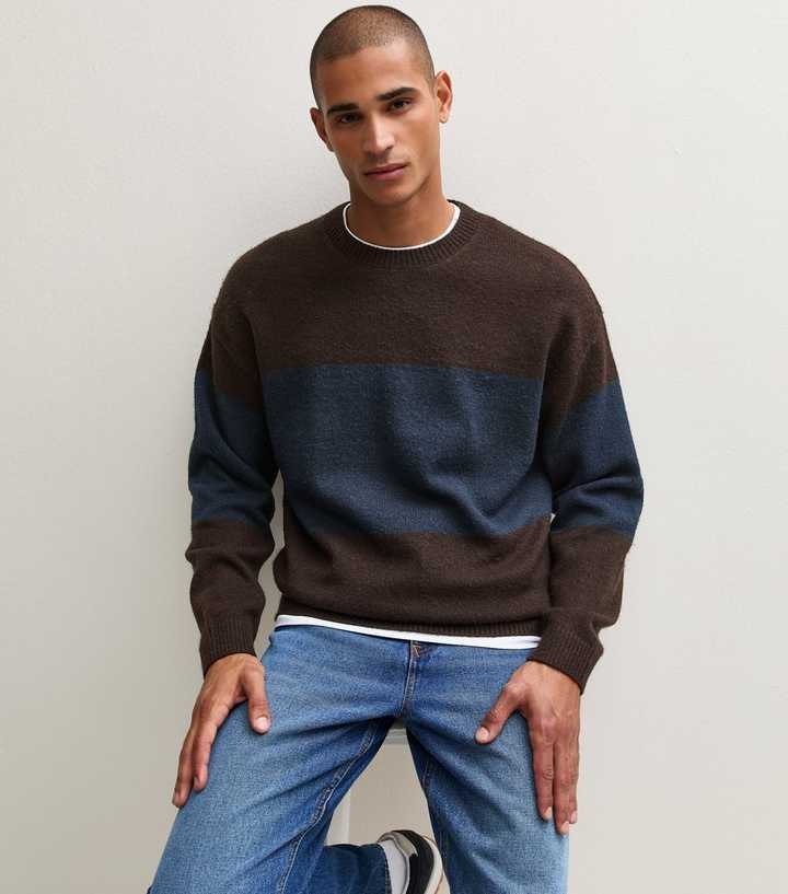 Brown Striped Brushed Knit Crew Neck Long Sleeve Jumper
