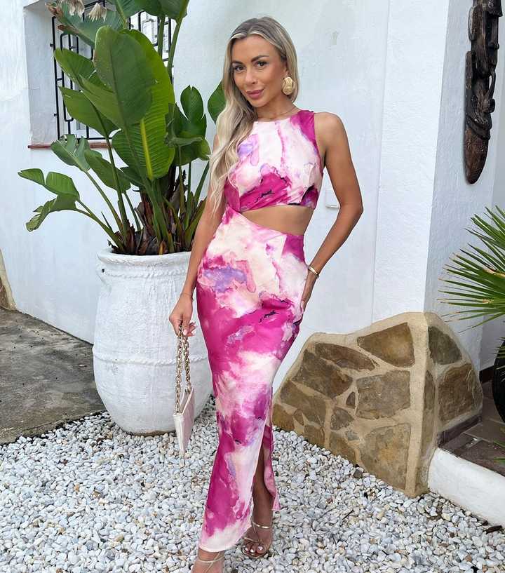 AX Paris Pink Marble Print Side Cut Out Midi Dress