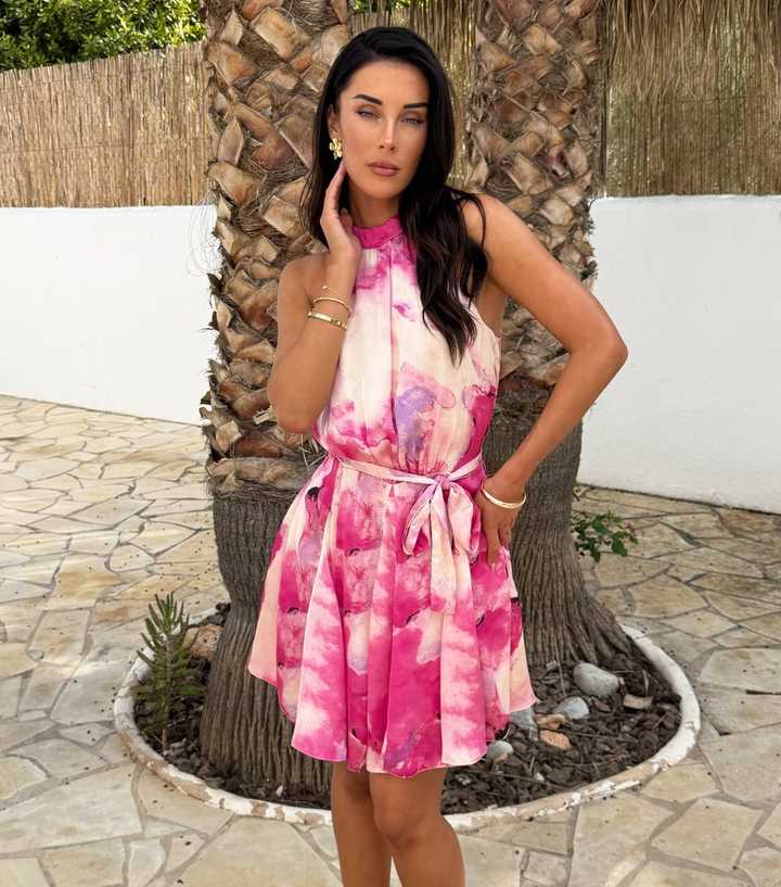 AX Paris Pink Marble Print Halter Neck Mini Dress | New Look