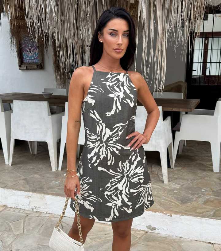 AX Paris Dark Khaki Floral Print Racer Neck Mini Dress