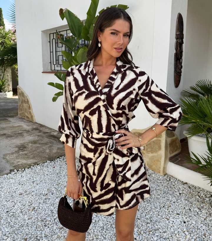 AX Paris Brown Animal Print Wrap Shirt Mini Dress