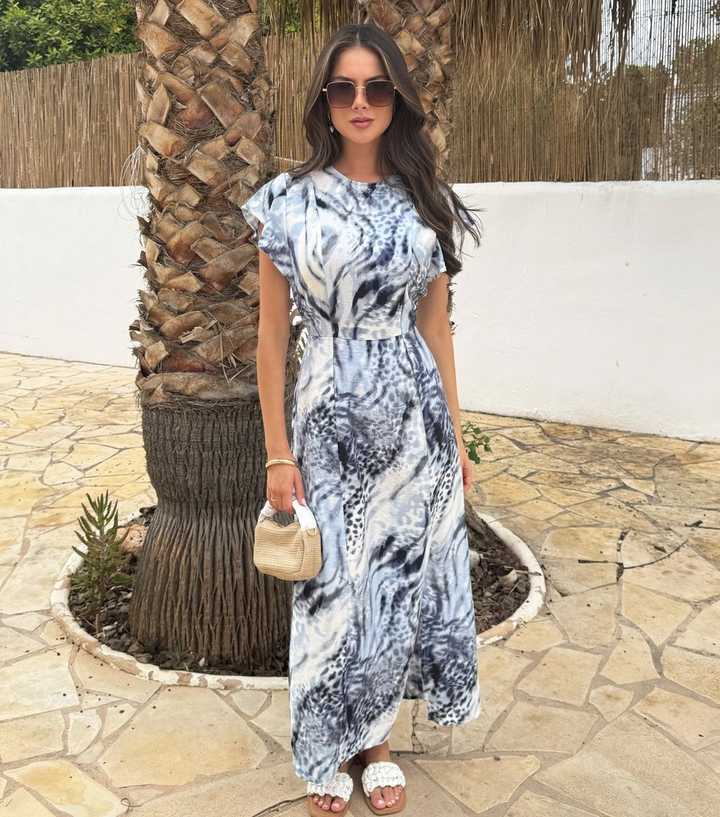 AX Paris Blue Animal Print Flutter Sleeve Midi Dress