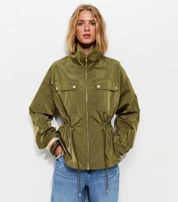 Khaki Zip Through Sinched Waist Utility Jacket