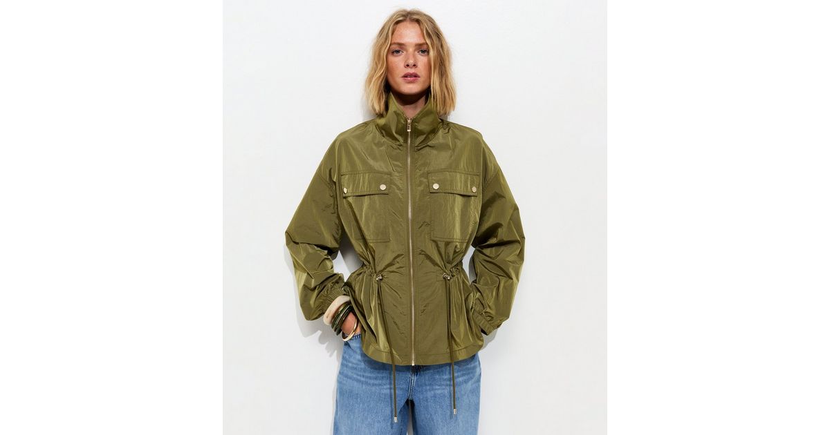 Khaki Zip Through Sinched Waist Utility Jacket