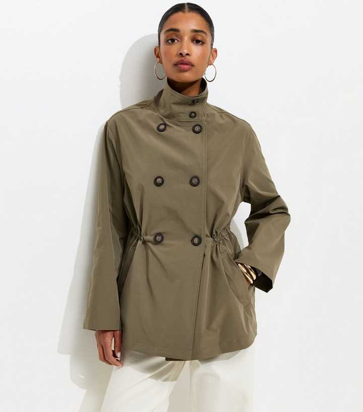 Light Khaki Cinched Waist Funnel Neck Jacket
