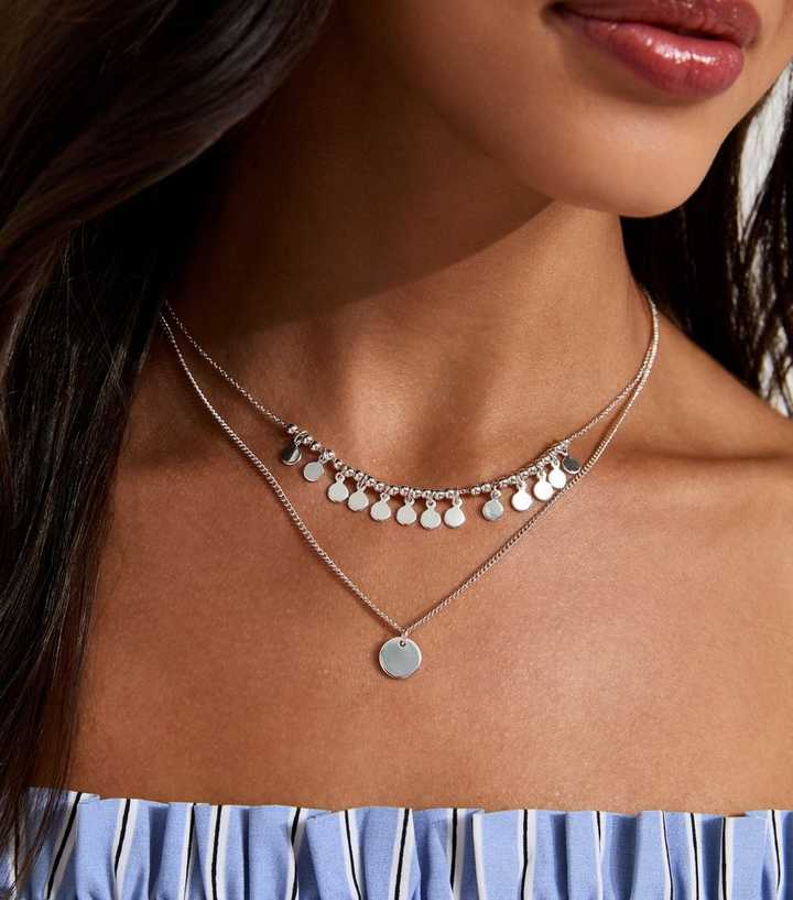 Silver Tone 2 Layer Coin Tassle Pendant Necklace