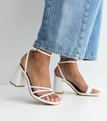 White Faux Leather Asymmetric Strap Block Heel Sandals