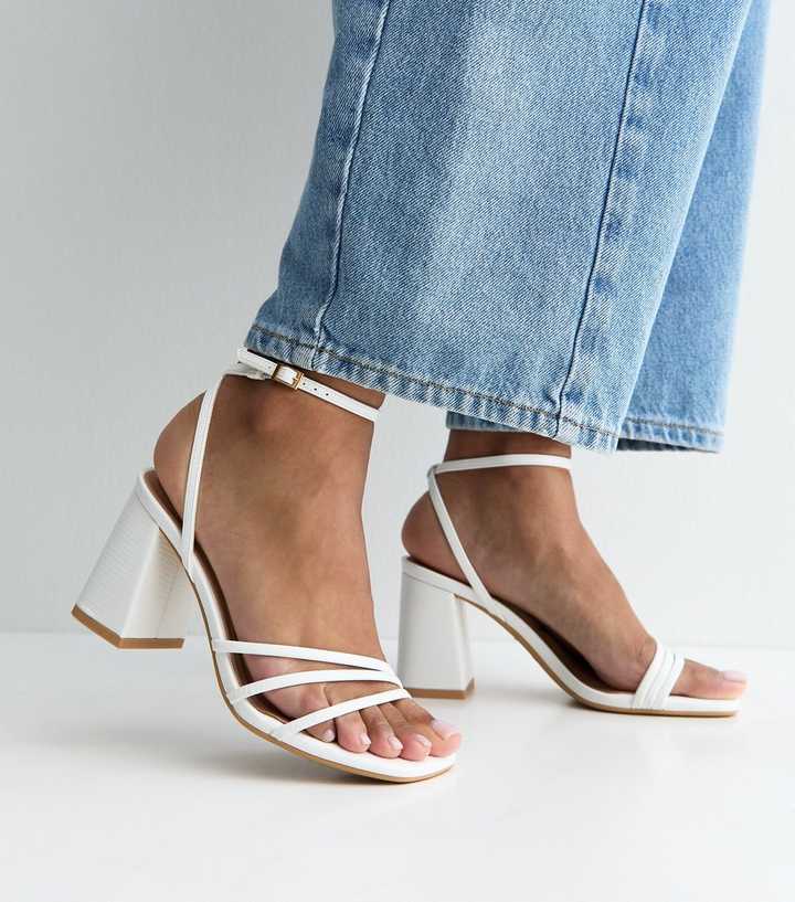 White Faux Leather Asymmetric Strap Block Heel Sandals