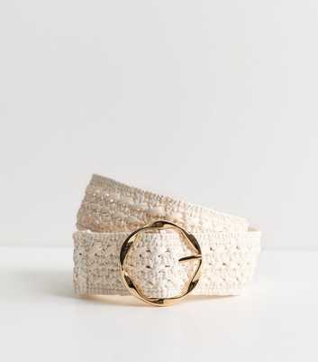 White Woven Raffia Look Circle Buckle Belt