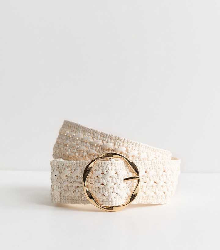 White Woven Raffia Look Circle Buckle Belt
