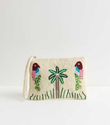 Cream Tropical Parrot Beaded Pouch Bag