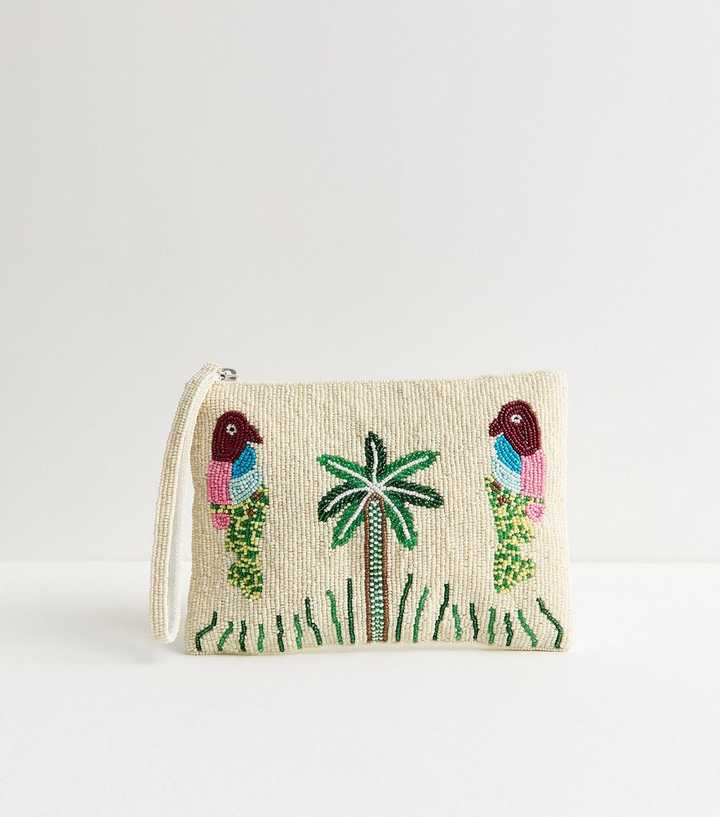 Cream Tropical Parrot Beaded Pouch Bag