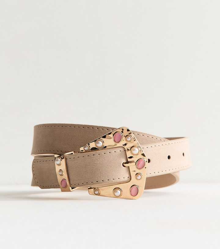 Stone Faux Suede Embellished Buckle Belt