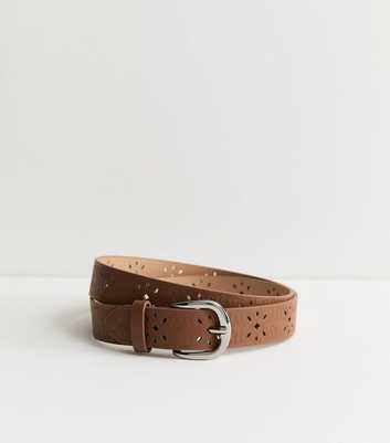 Tan Faux Leather Floral Laser Cut Out Belt