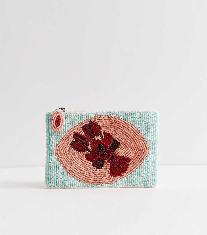 Blue Beaded Lobster Zip Purse