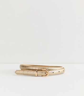 Gold Faux Leather Croc Embossed Skinny Belt