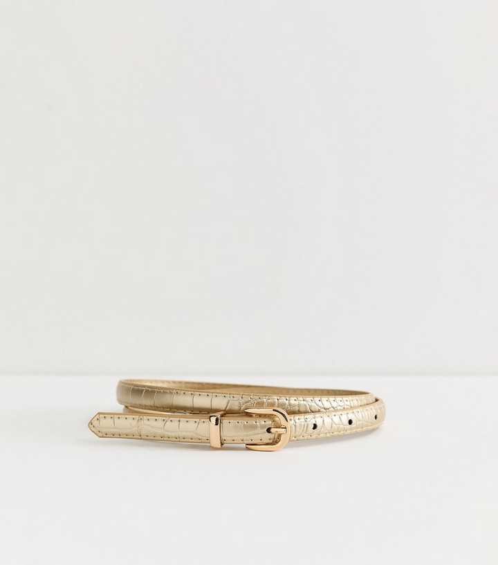 Gold Faux Leather Croc Embossed Skinny Belt