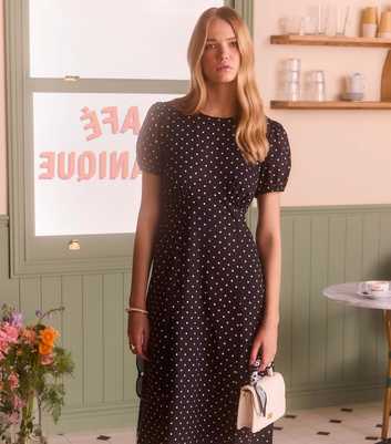 Black Spot Print Lace Trim Midi Dress