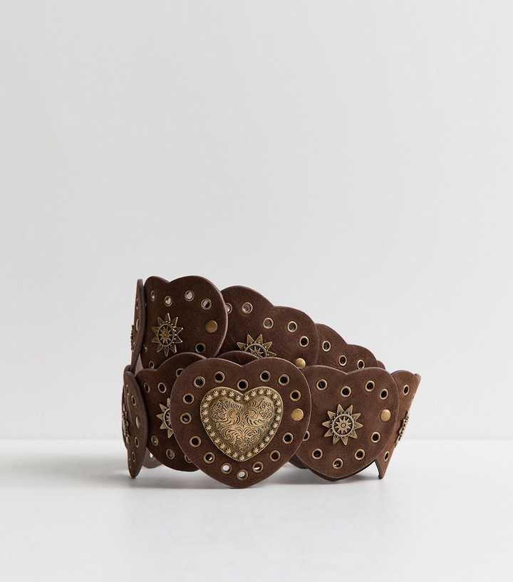 Dark Brown Faux Leather Heart Disc Belt