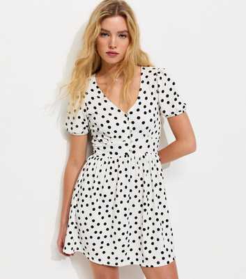 White Polka Dot Button Through Crinkled Mini Dress