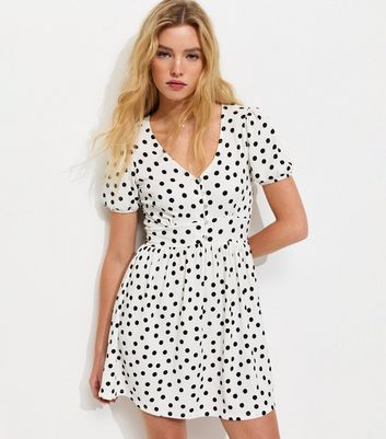 White Polka Dot Button Through Crinkled Mini Dress | New Look