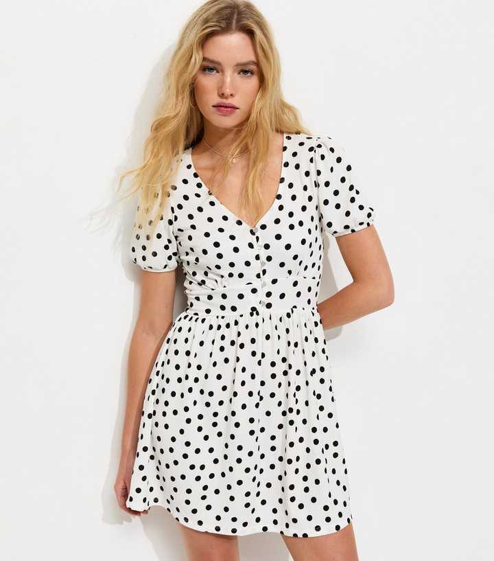 White Polka Dot Button Through Crinkled Mini Dress