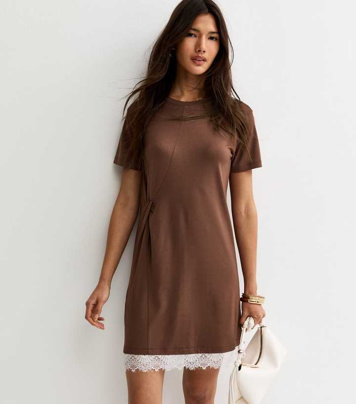 Dark Brown Lace Trim T-Shirt Dress